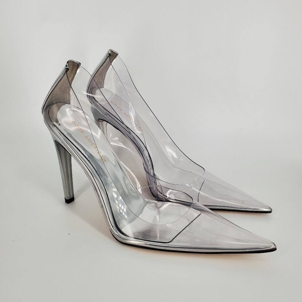 Clear PVC Pointed-Toe Stiletto Pumps in Silver
